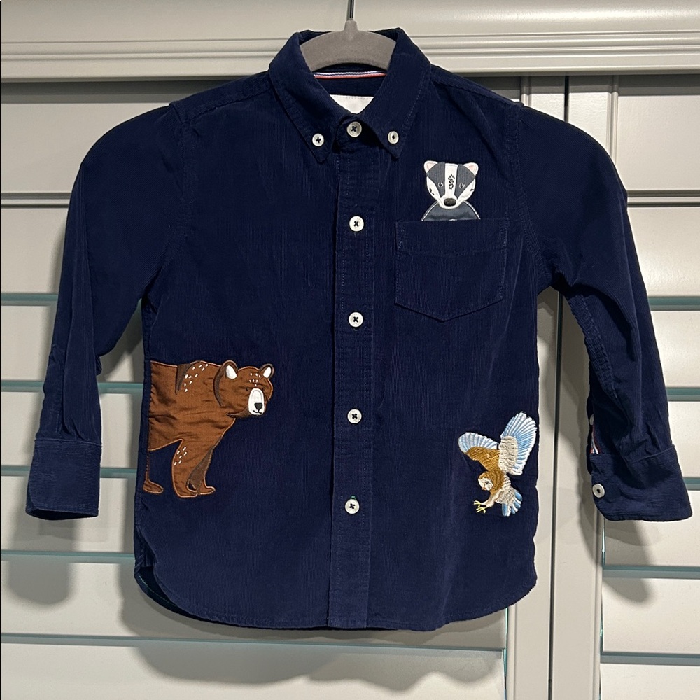Pre-loved Mini Boden Navy Button-Down with Animal Patches (Sz. 4-5Y)